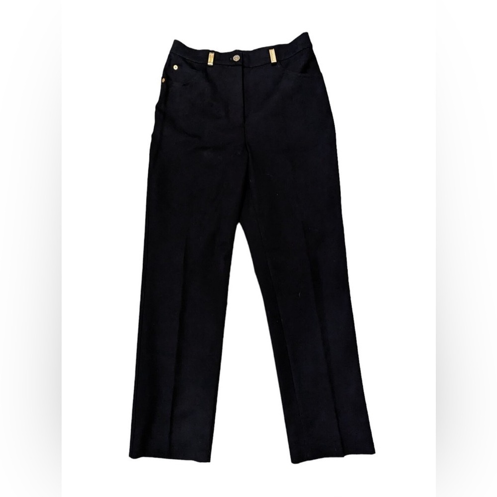 St. John Sport Marie Gray Trousers Straight Leg Denim Black Gold Buckle - Picture 5 of 7